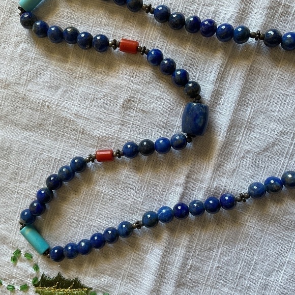 𝅺sterling SILVER 925 LAPIS LAZULI/RED CORAL/Turquose silver beds NECKLACE​​ - Picture 7 of 13